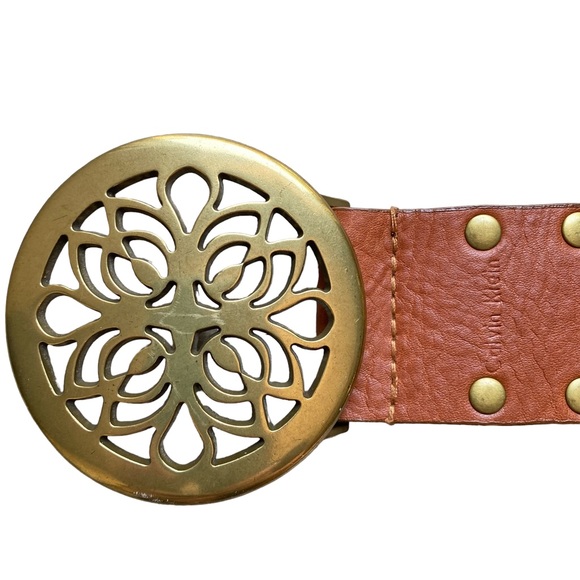 EUC - Calvin Klein Studded Leather Belted with Round Brass Floral Buckle - Picture 2 of 5